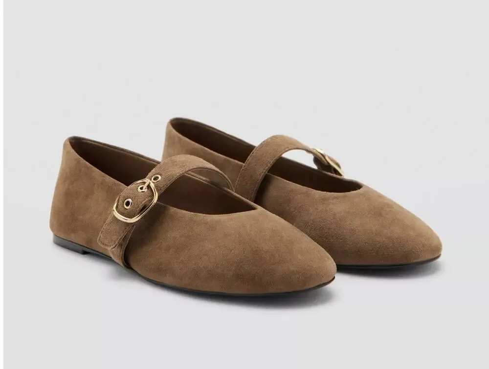 MNG Mango Sand Suede Goat Leather Mary Jane Flat Minimalist Buckle EU38 US7.5